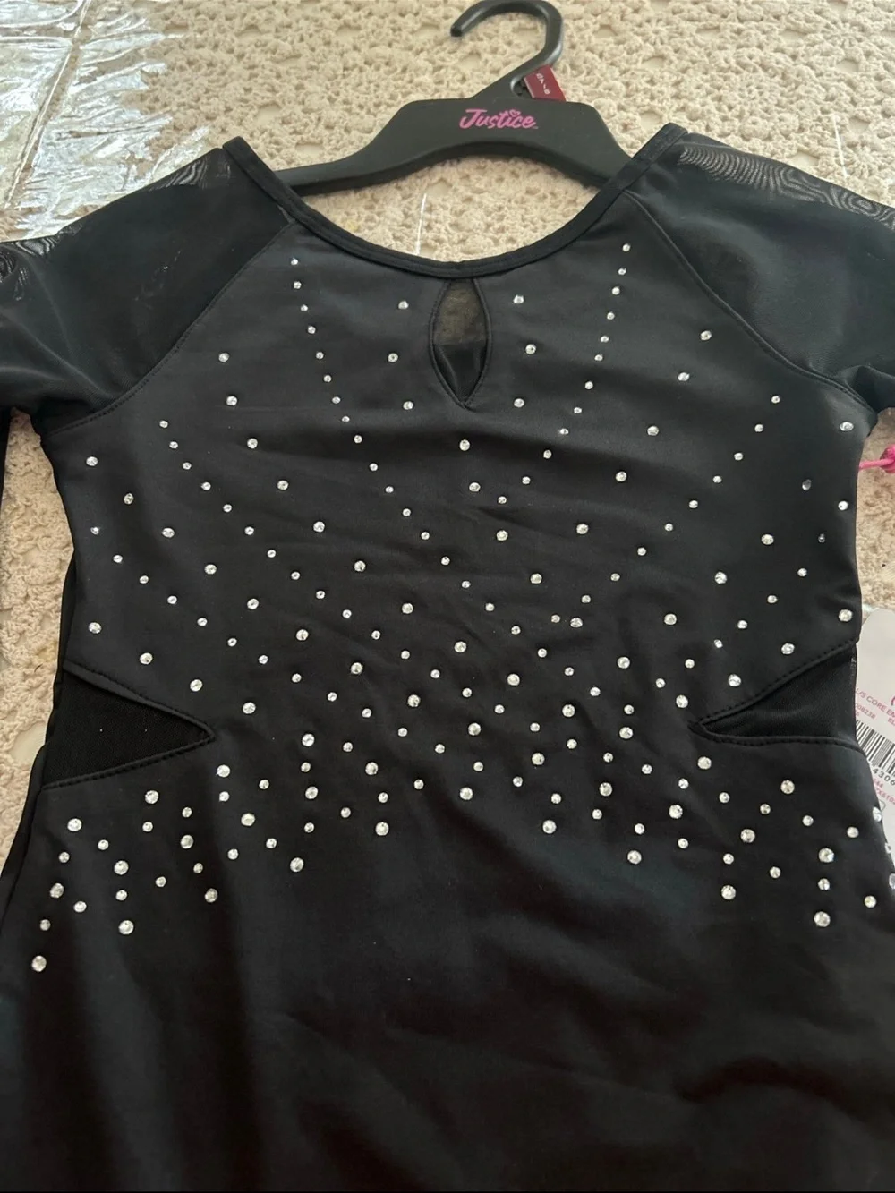 Justice Black Long-Sleeve One-Piece Leotard with Rhinestone Accents